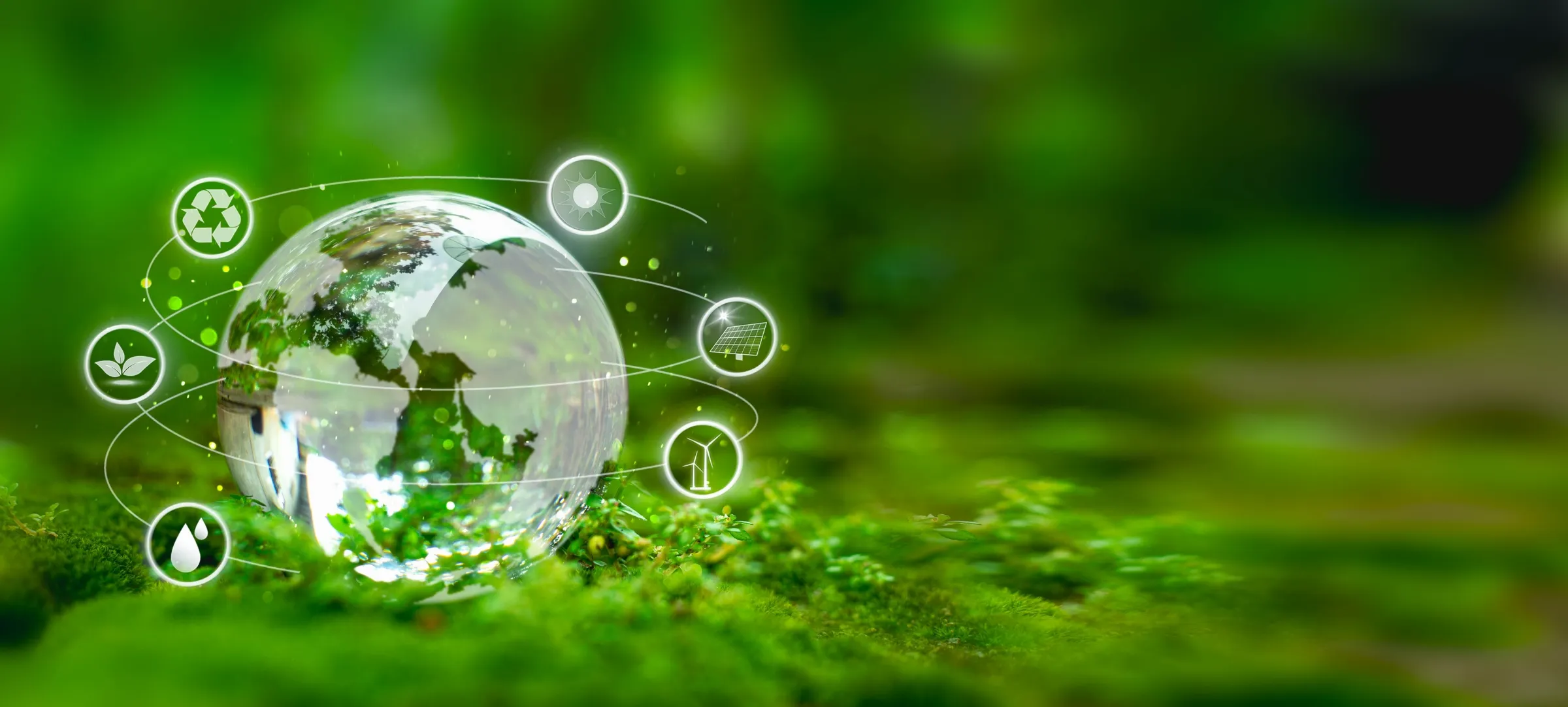 地球と環境アイコンを描いた、自然保護と再生可能エネルギーを象徴するイメージ